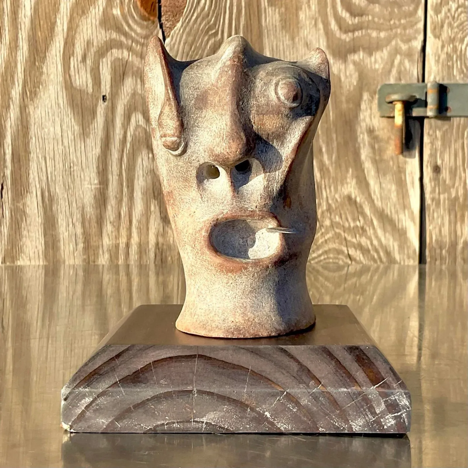 Vintage Boho Abstract Carved Stone Head Sculpture — additional photo 1