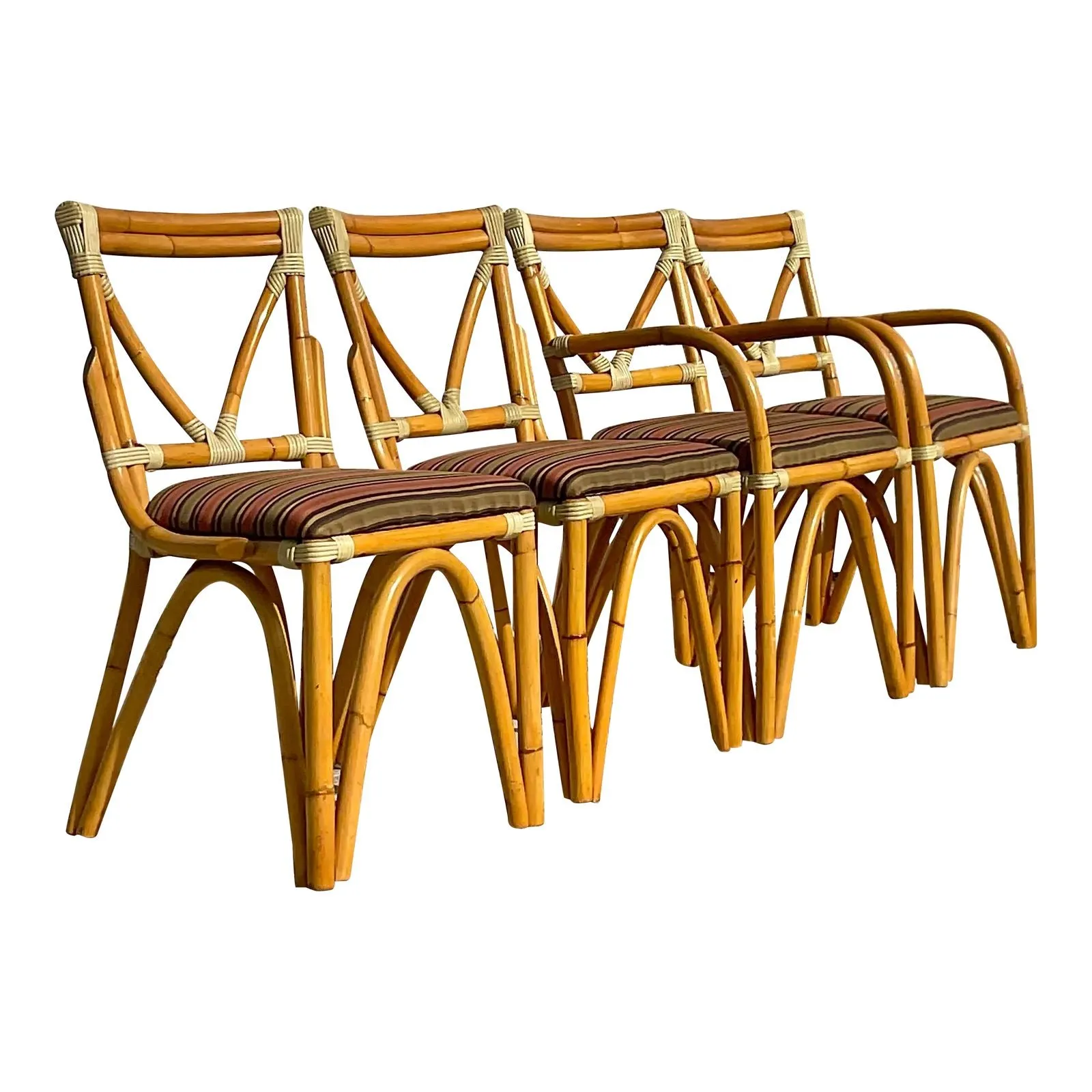 Vintage Coastal Bent Rattan Dining Chairs - Set of Four