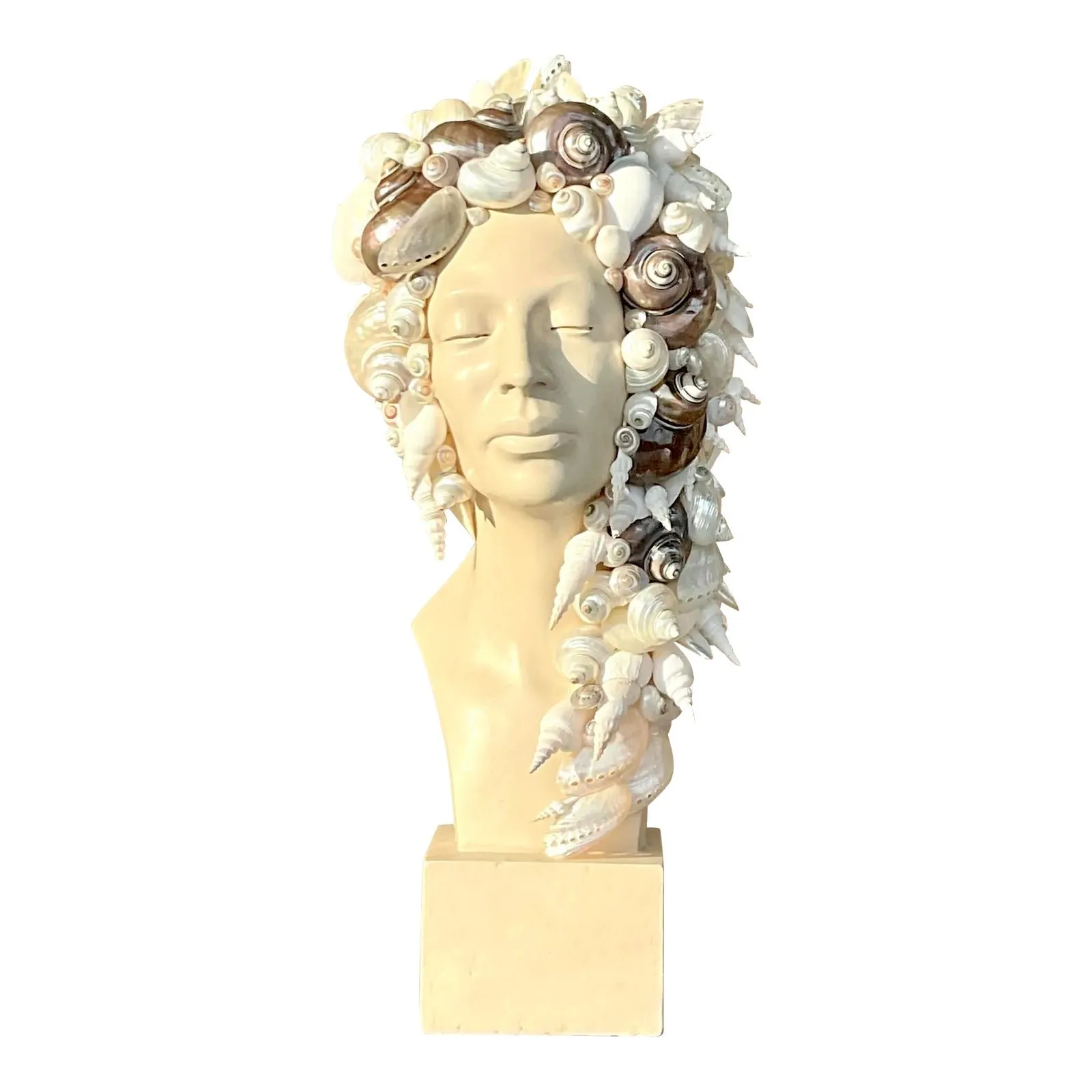 Vintage Coastal Plaster Shell Bust of Woman