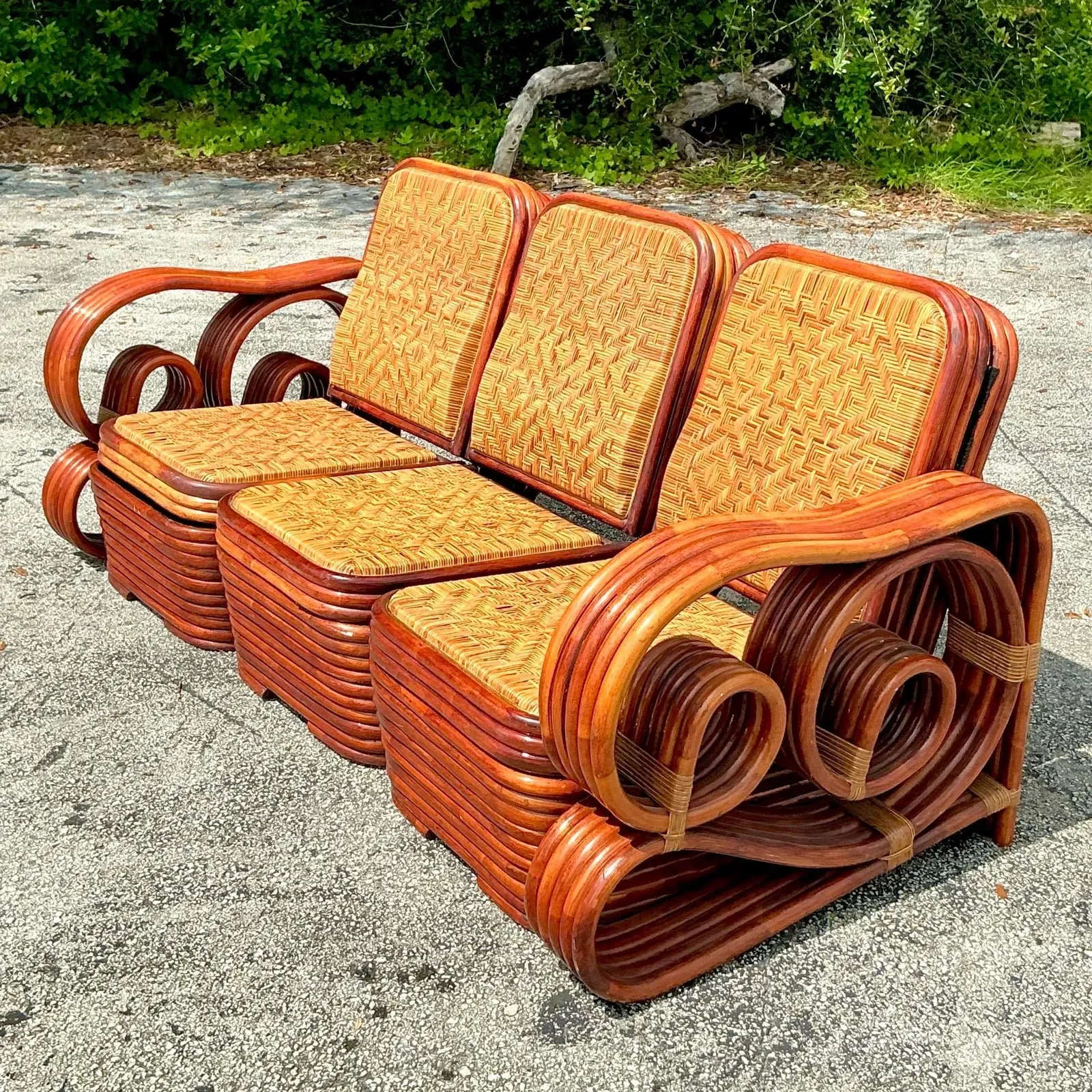 Vintage Coastal Scroll Rattan With Woven Rattan Seats 3 Piece Sofa — additional photo 3