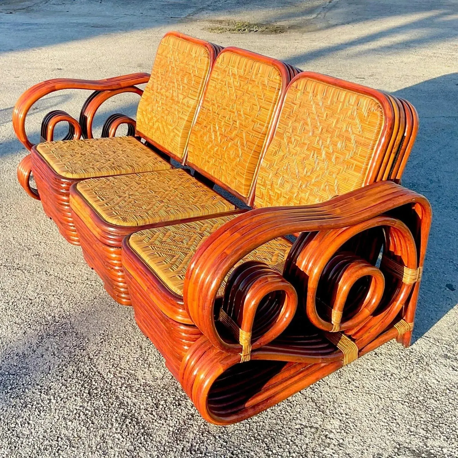 Vintage Coastal Scroll Rattan With Woven Rattan Seats 3 Piece Sofa — additional photo 1