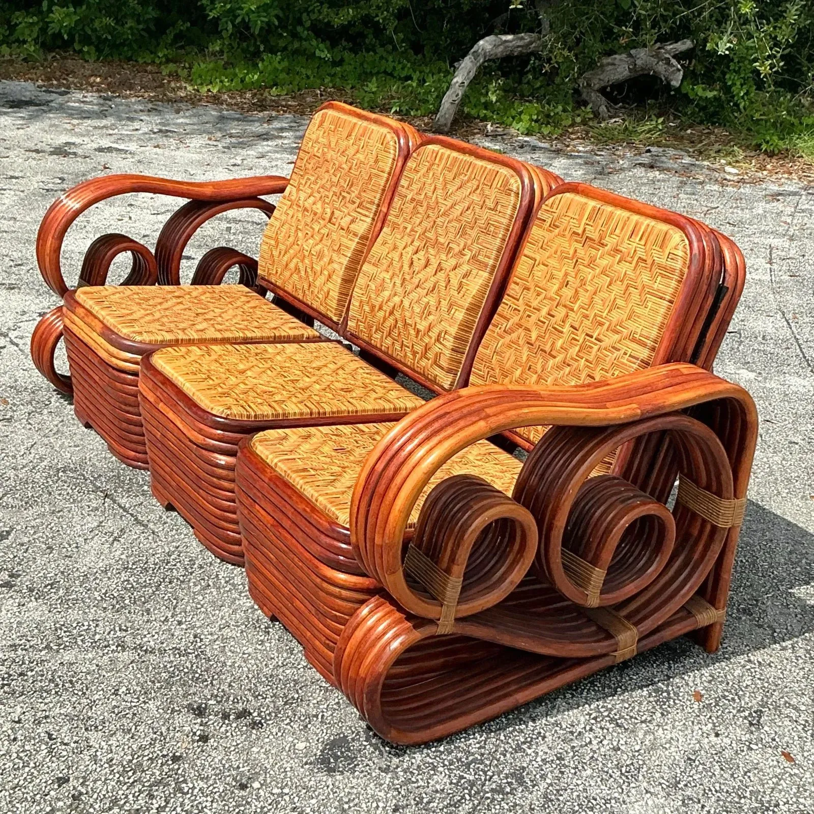 Vintage Coastal Scroll Rattan With Woven Rattan Seats 3 Piece Sofa — additional photo 4