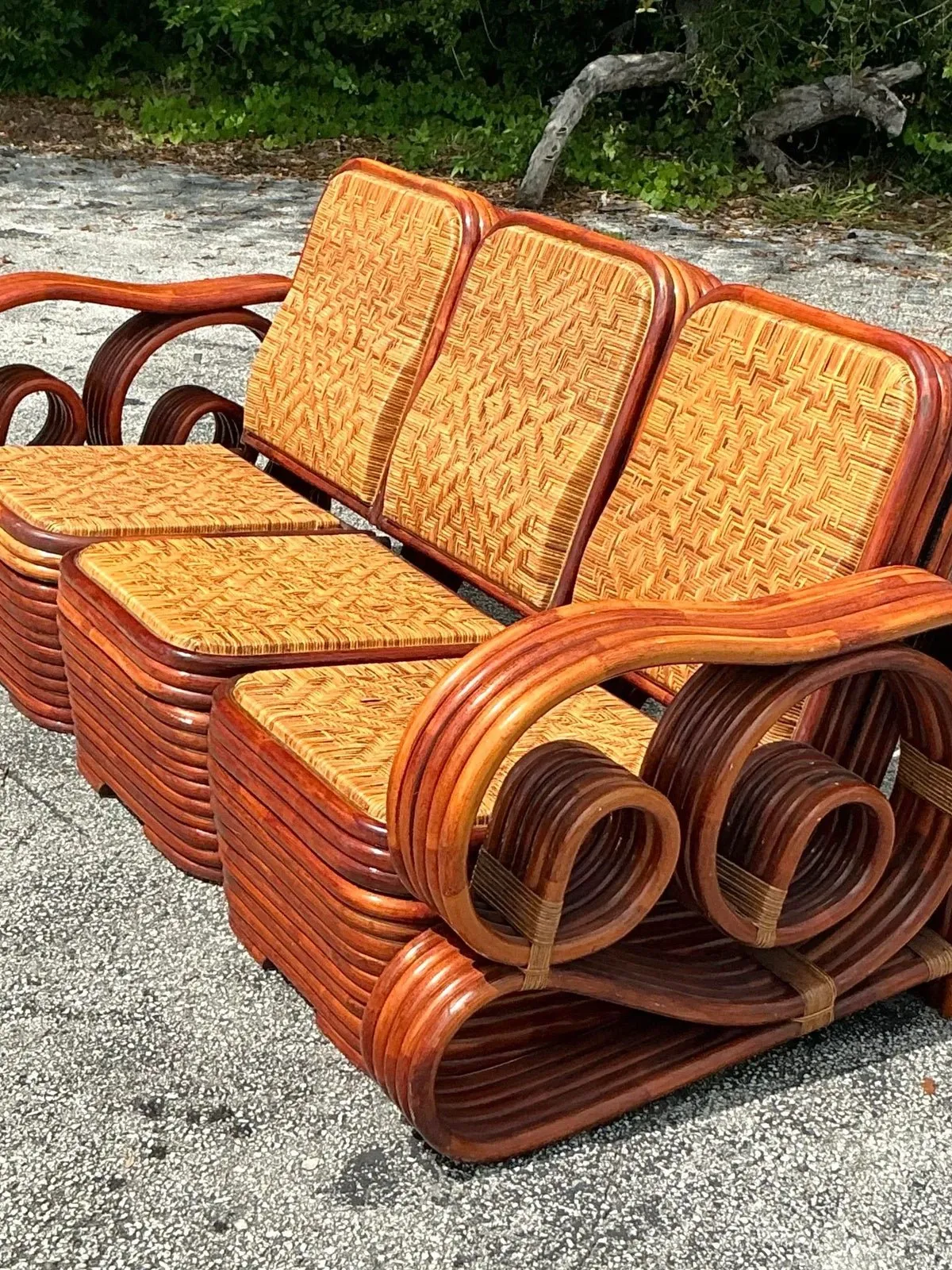 Vintage Coastal Scroll Rattan With Woven Rattan Seats 3 Piece Sofa — additional photo 4