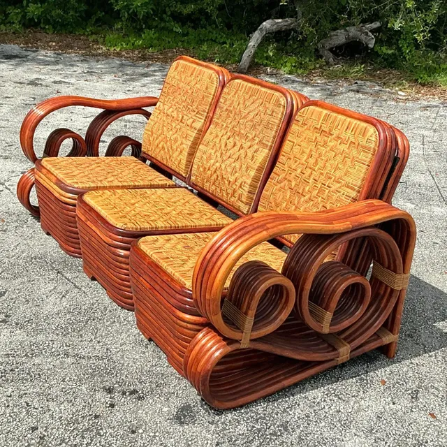 Vintage Coastal Scroll Rattan With Woven Rattan Seats 3 Piece Sofa — additional photo 4