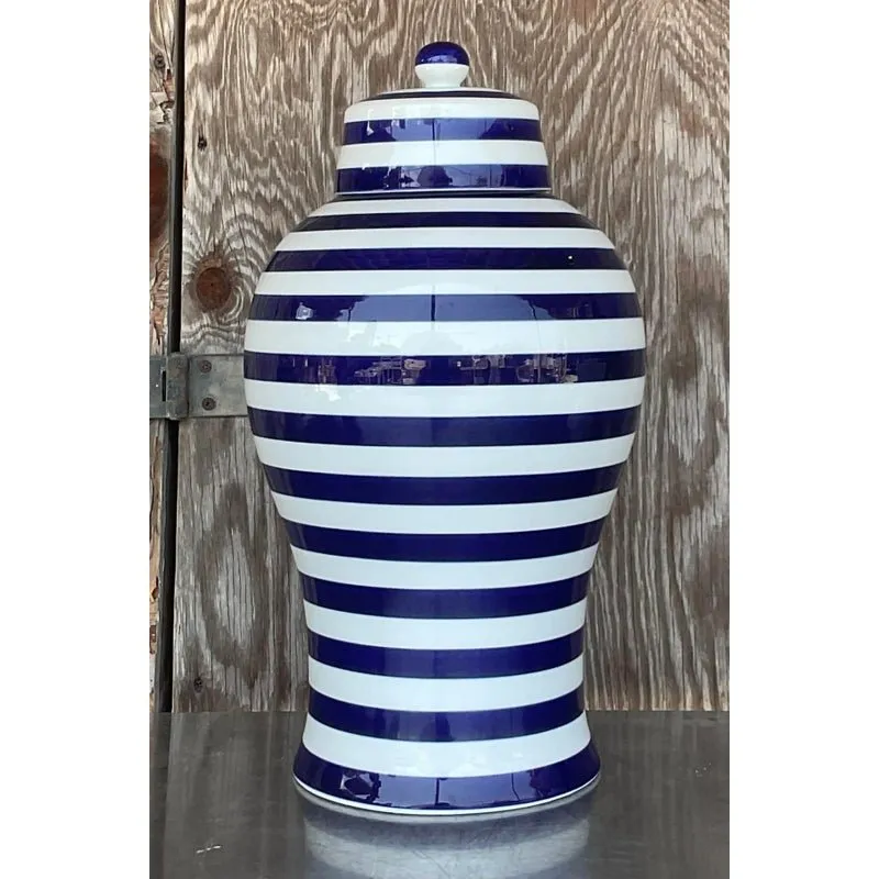 Vintage Contemporary Glazed Ceramic Striped Ginger Jar — additional photo 1