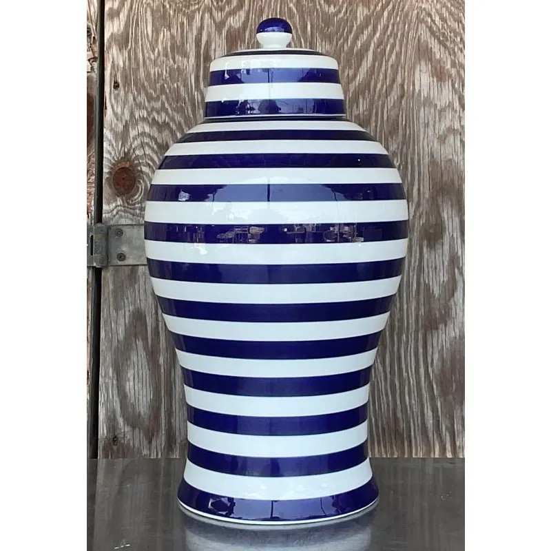 Vintage Contemporary Glazed Ceramic Striped Ginger Jar — additional photo 4