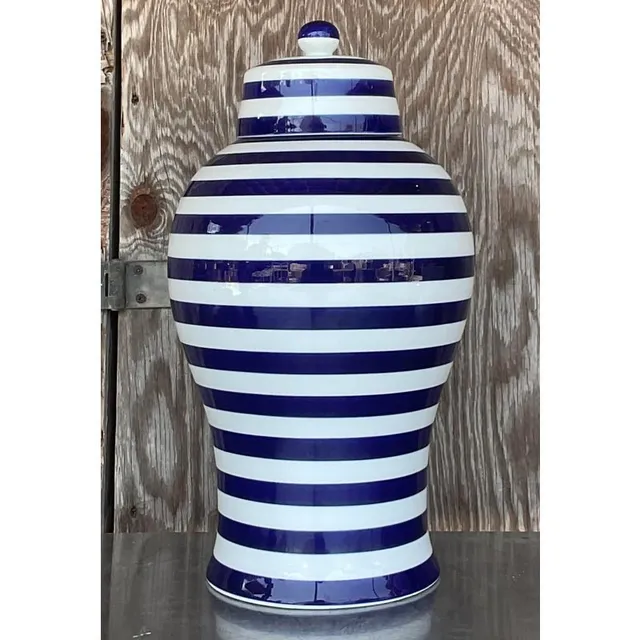 Vintage Contemporary Glazed Ceramic Striped Ginger Jar — additional photo 4