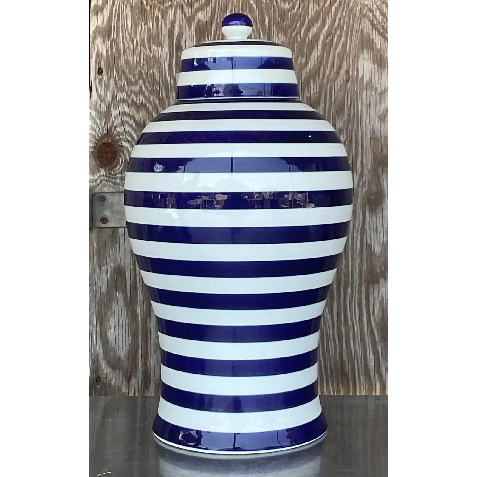Vintage Contemporary Glazed Ceramic Striped Ginger Jar — additional photo 5