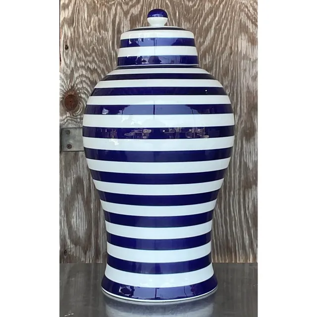 Vintage Contemporary Glazed Ceramic Striped Ginger Jar — additional photo 5