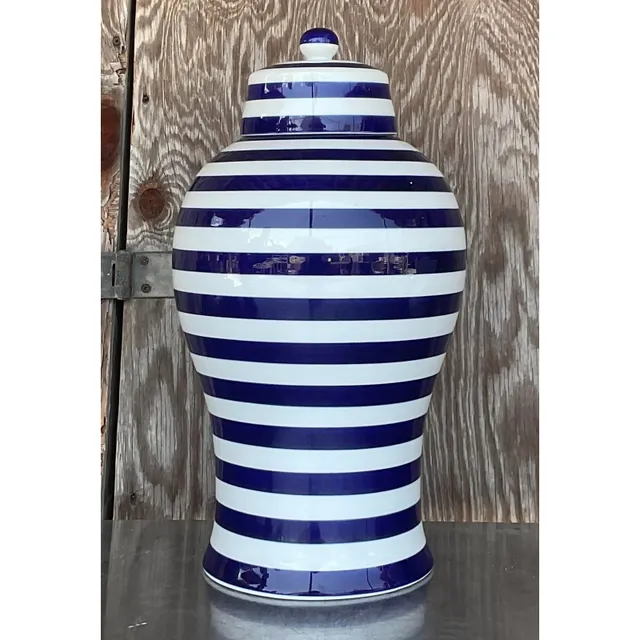 Vintage Contemporary Glazed Ceramic Striped Ginger Jar — additional photo 6
