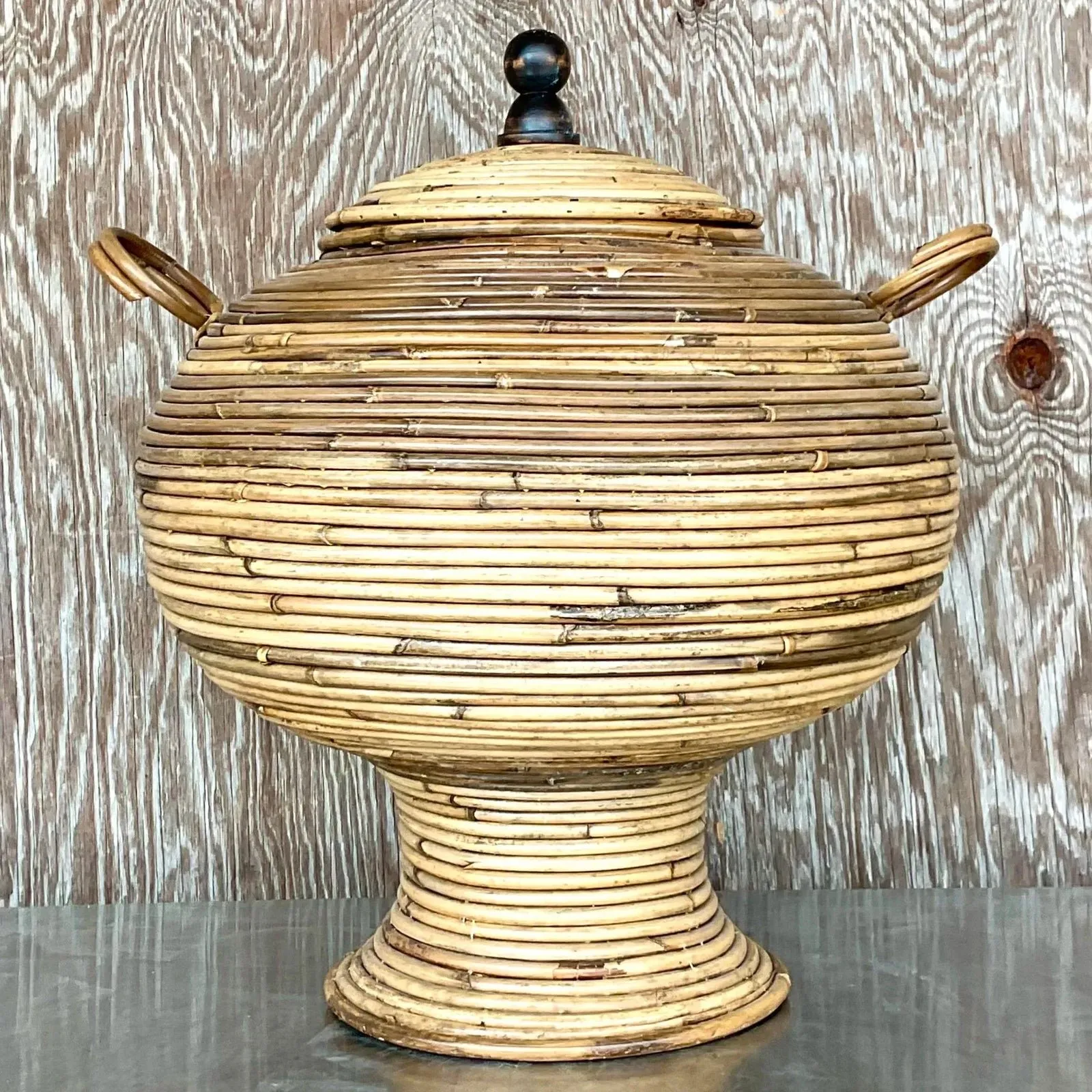 Vintage Coastal Pencil Reed Lidded Urn