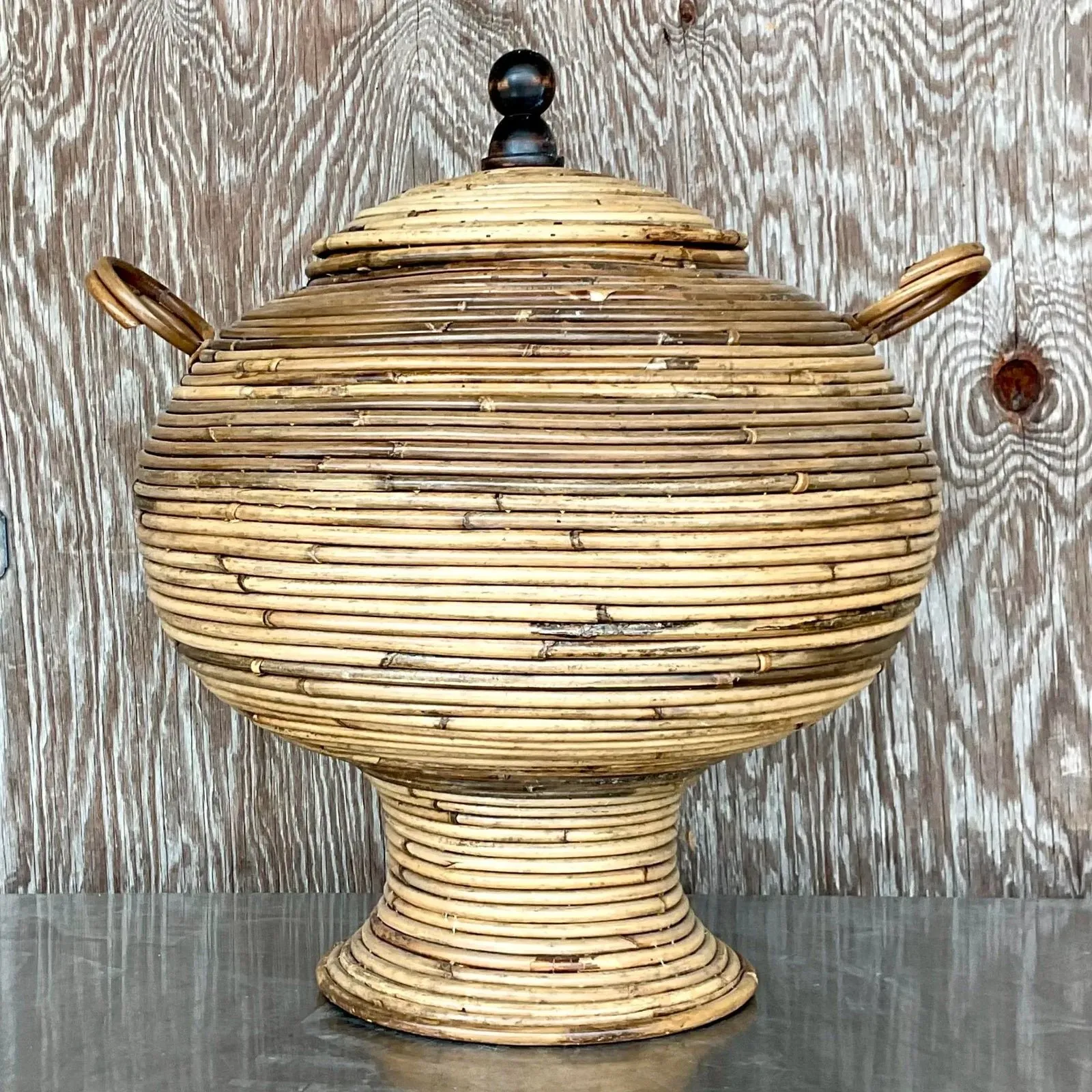 Vintage Coastal Pencil Reed Lidded Urn — additional photo 3