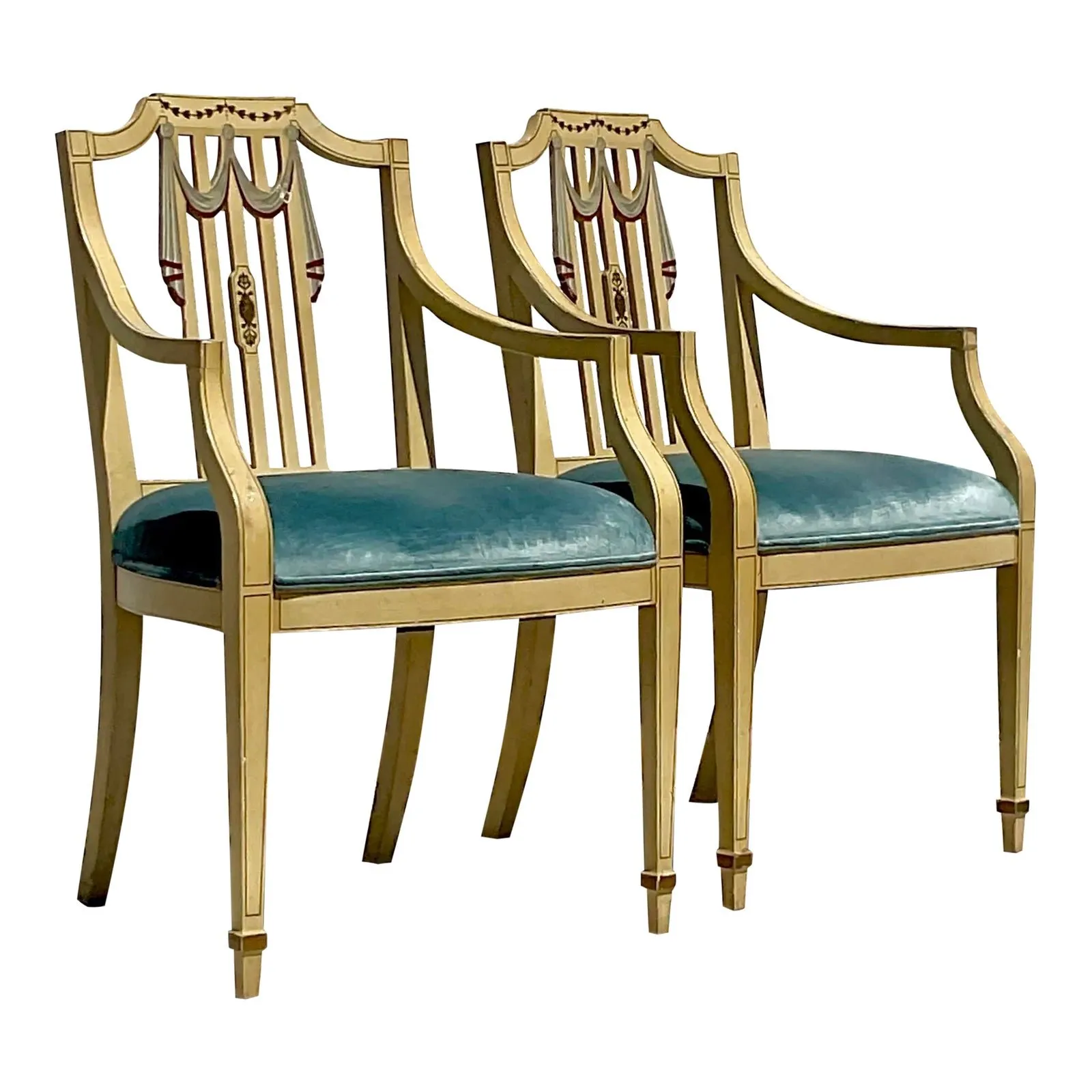 Vintage Regency Hand Painted Tromp L’oiel Swag Arm Chairs - a Pair