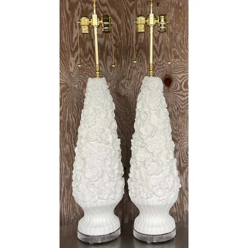 Vintage Coastal Monumental Plaster Floral Table Lamps - a Pair