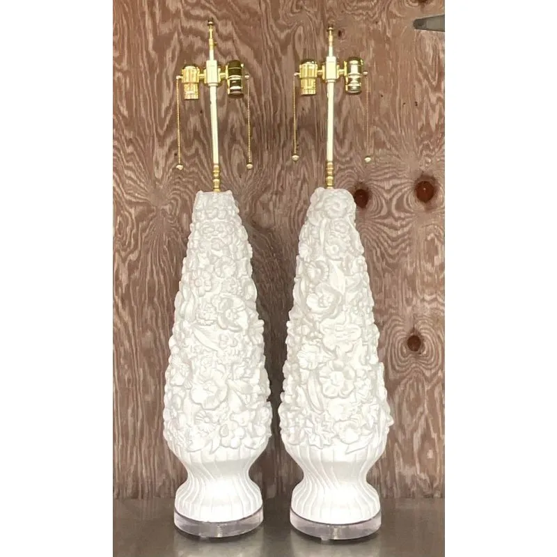 Vintage Coastal Monumental Plaster Floral Table Lamps - a Pair — additional photo 3