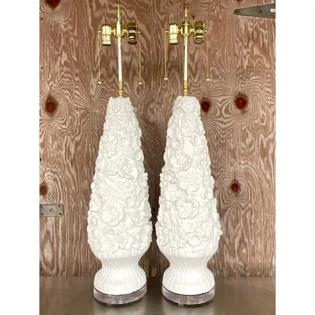 Vintage Coastal Monumental Plaster Floral Table Lamps - a Pair — additional photo 7