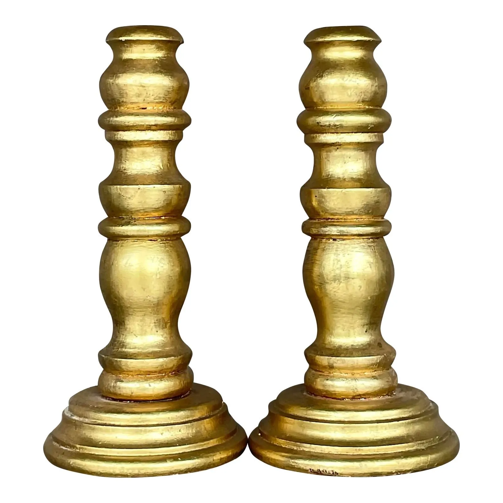 Vintage Gilt Turned Wood Candlesticks- a Pair
