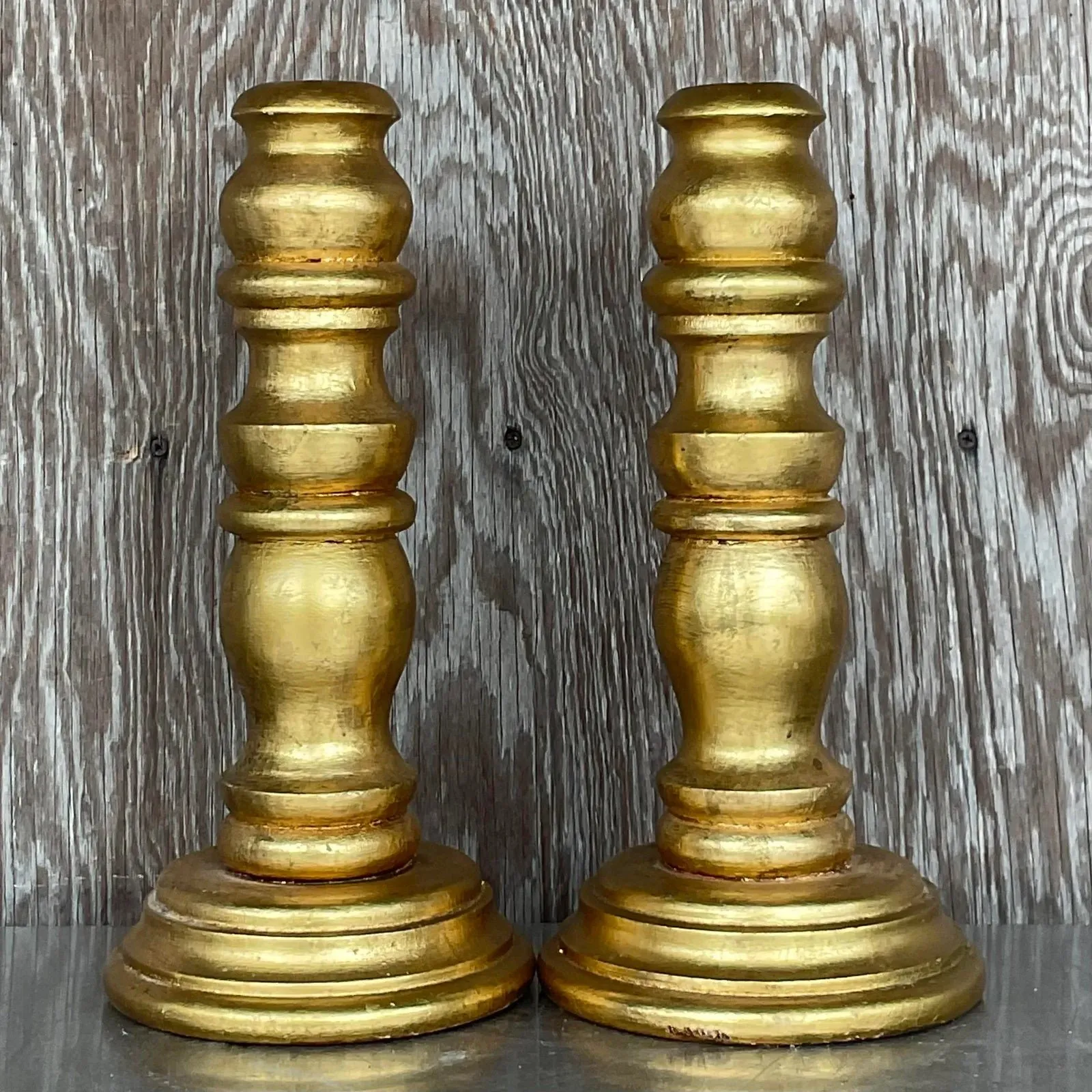 Vintage Gilt Turned Wood Candlesticks- a Pair — additional photo 2