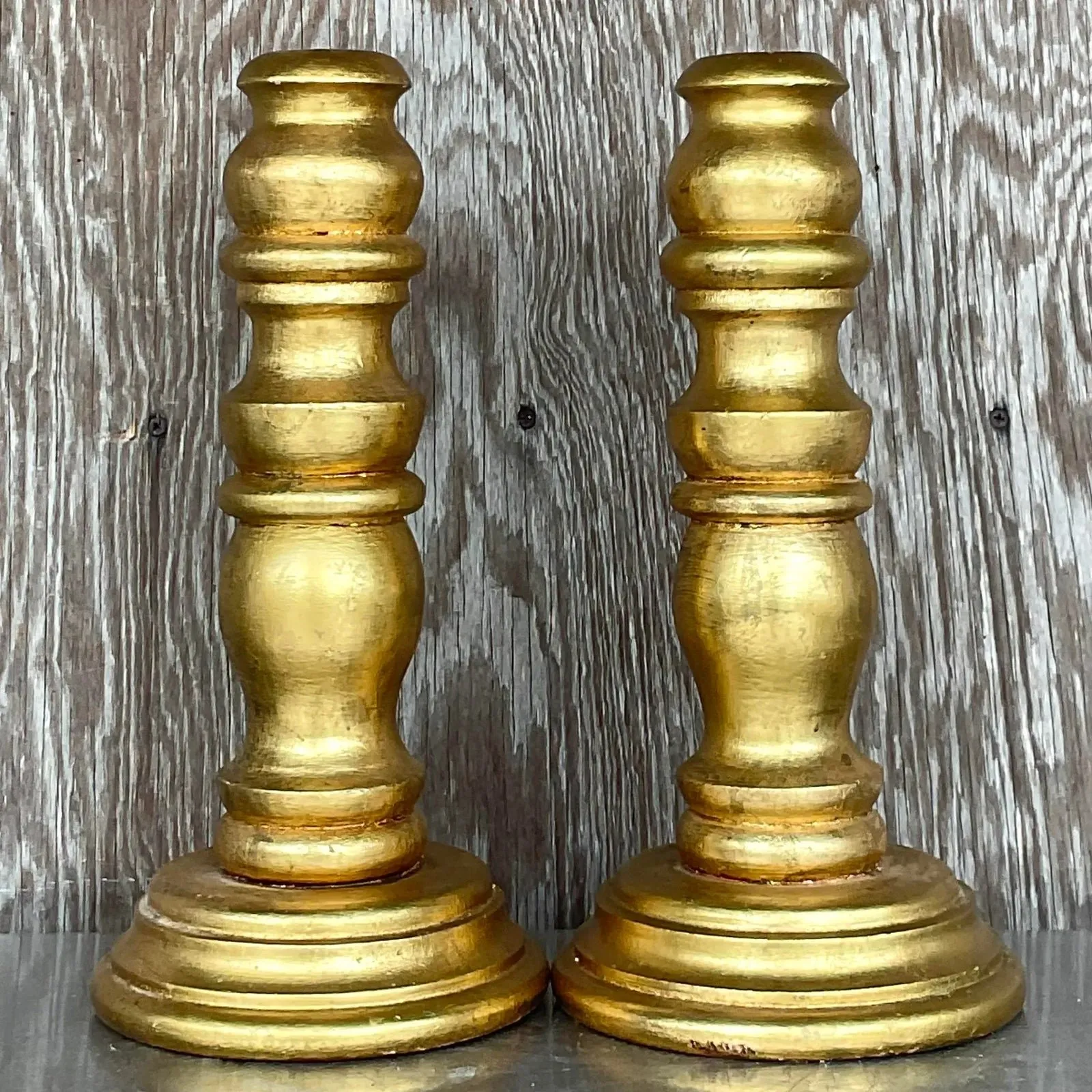 Vintage Gilt Turned Wood Candlesticks- a Pair — additional photo 3