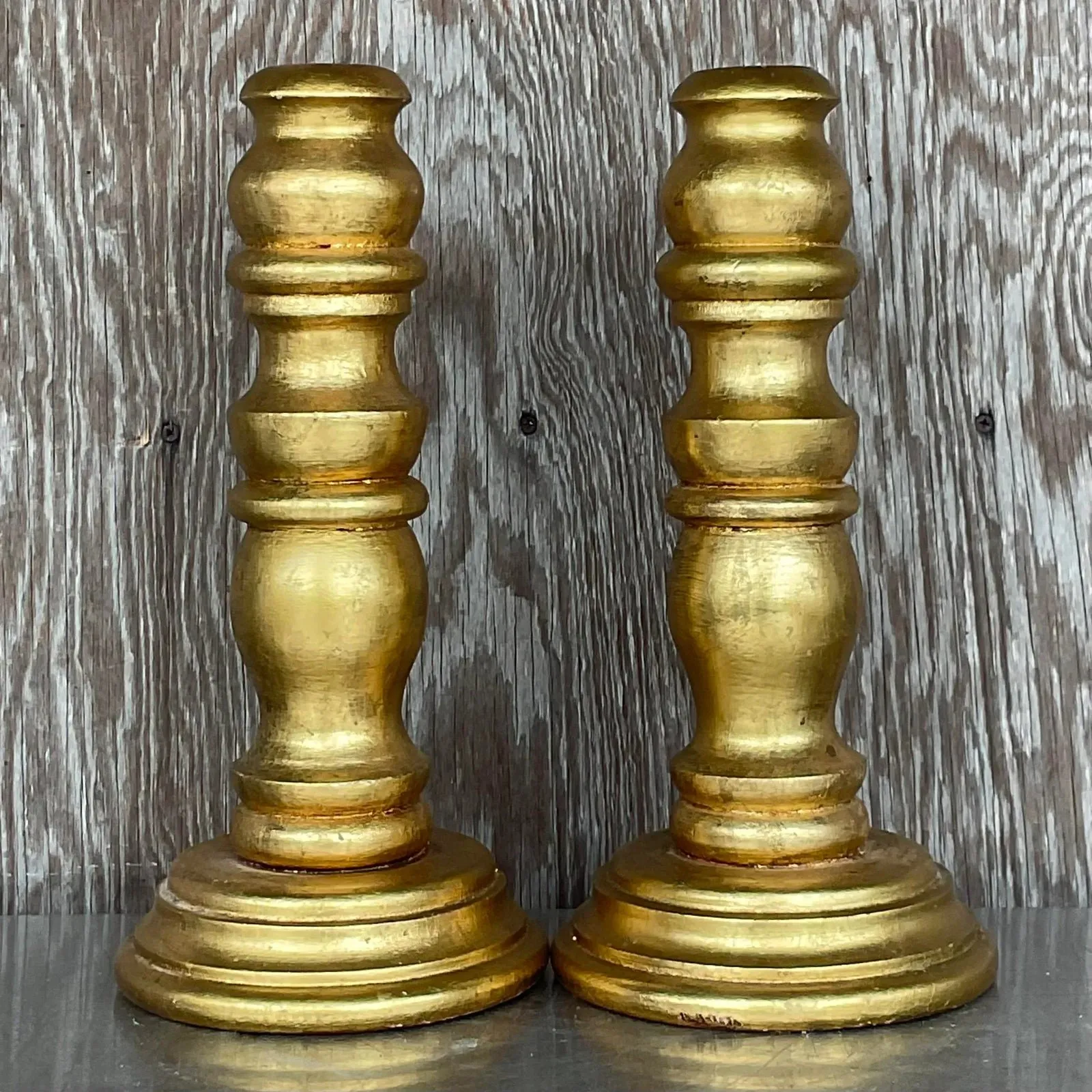 Vintage Gilt Turned Wood Candlesticks- a Pair — additional photo 4