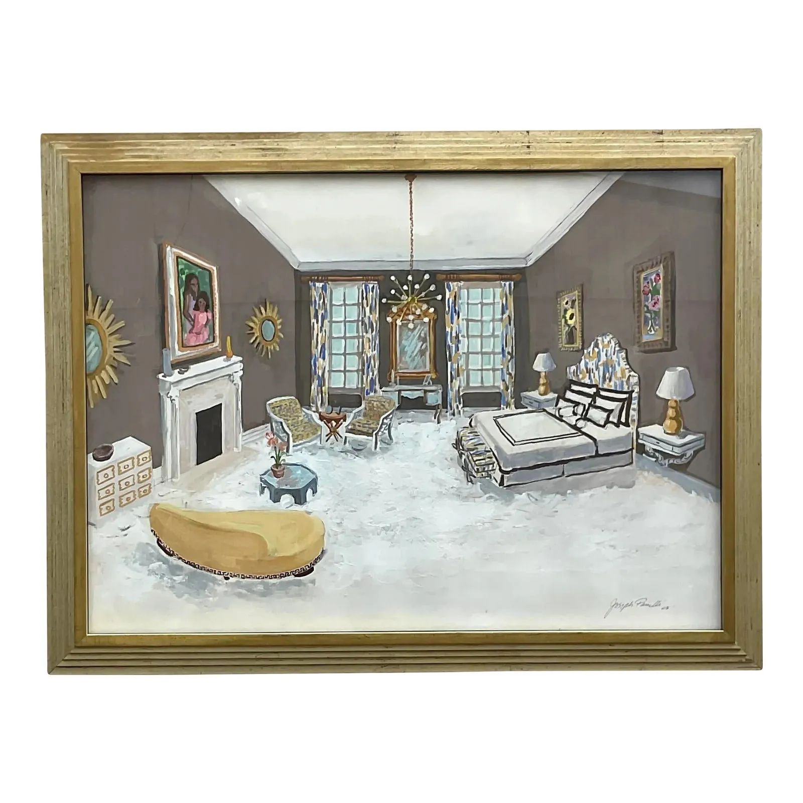 Vintage Regency Signed Interiors Painting on Paper