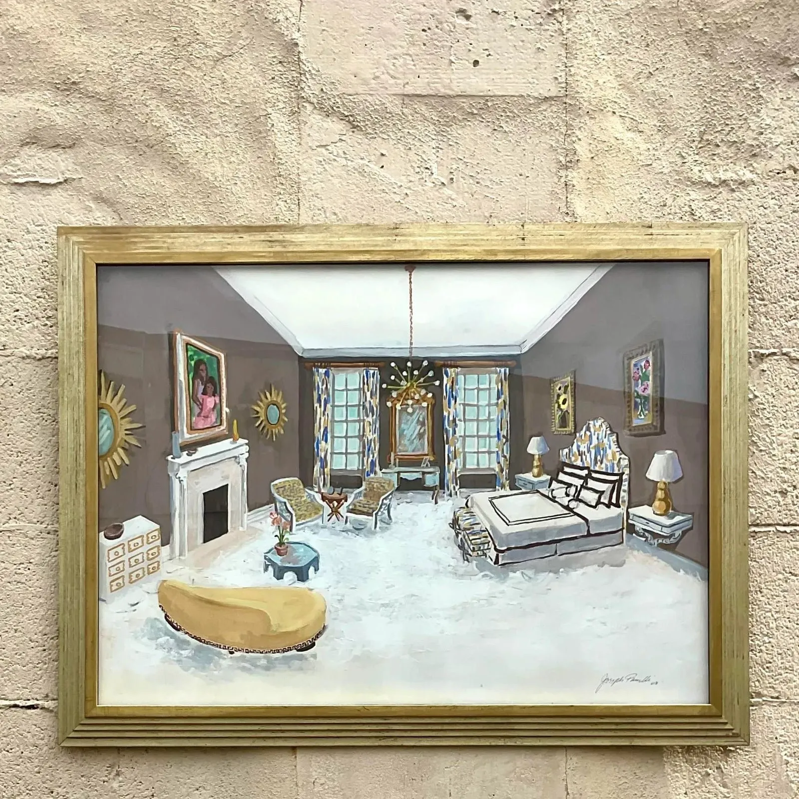 Vintage Regency Signed Interiors Painting on Paper — additional photo 2
