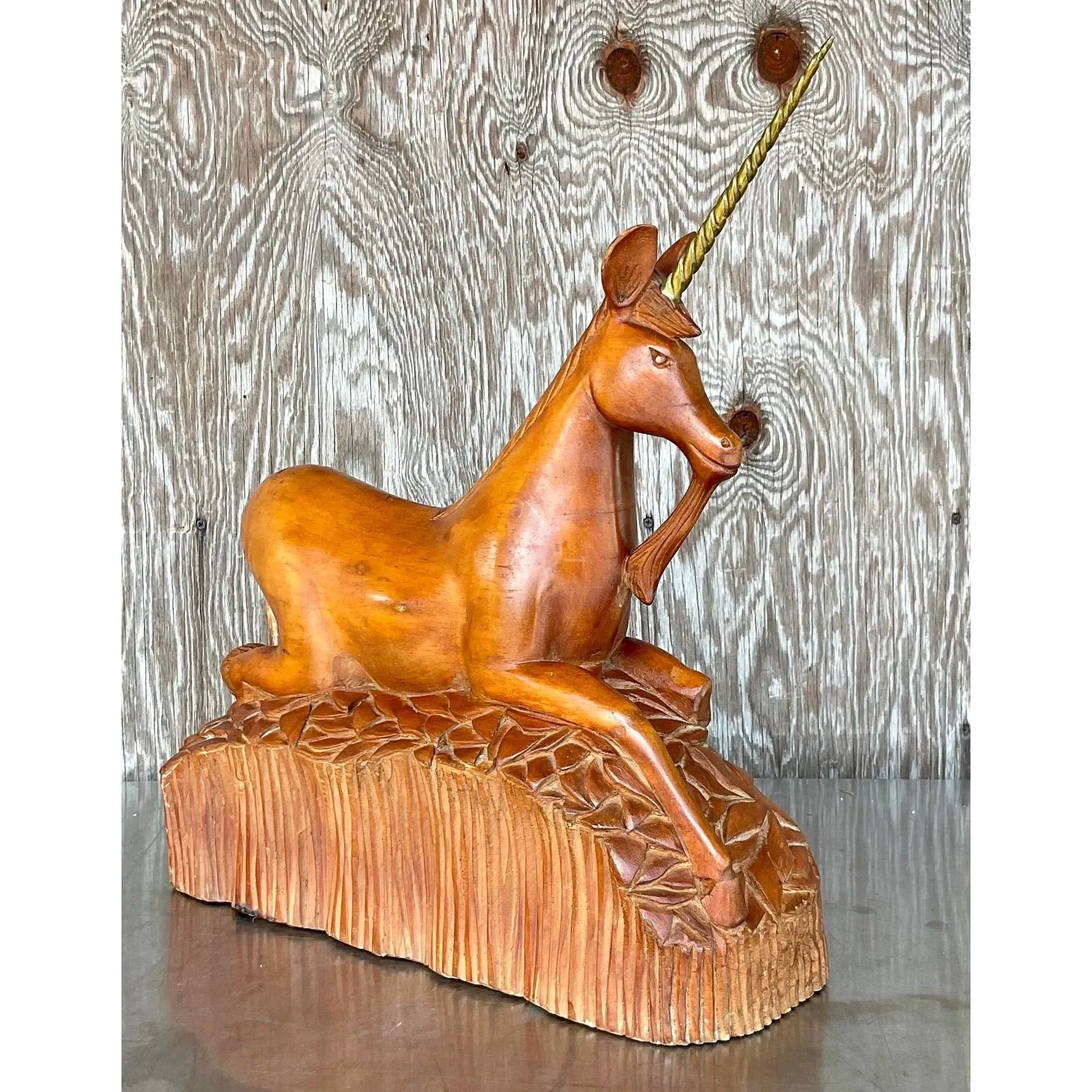 Vintage Boho Hand Carved Wood and Brass Unicorn — additional photo 4