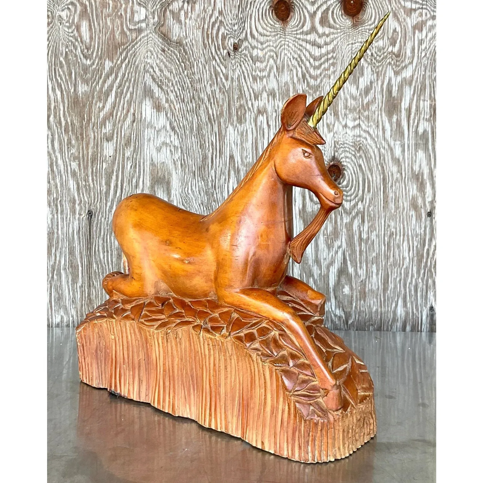 Vintage Boho Hand Carved Wood and Brass Unicorn — additional photo 6