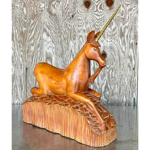 Vintage Boho Hand Carved Wood and Brass Unicorn — additional photo 7