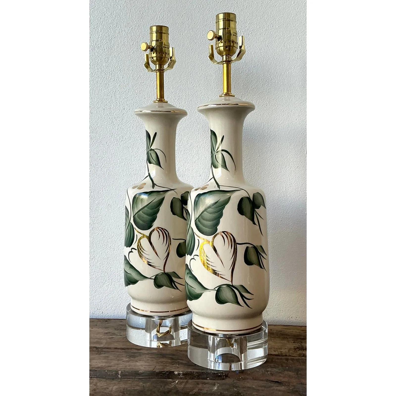 Vintage Glazed Ceramic Ivy Lamps - A Pair