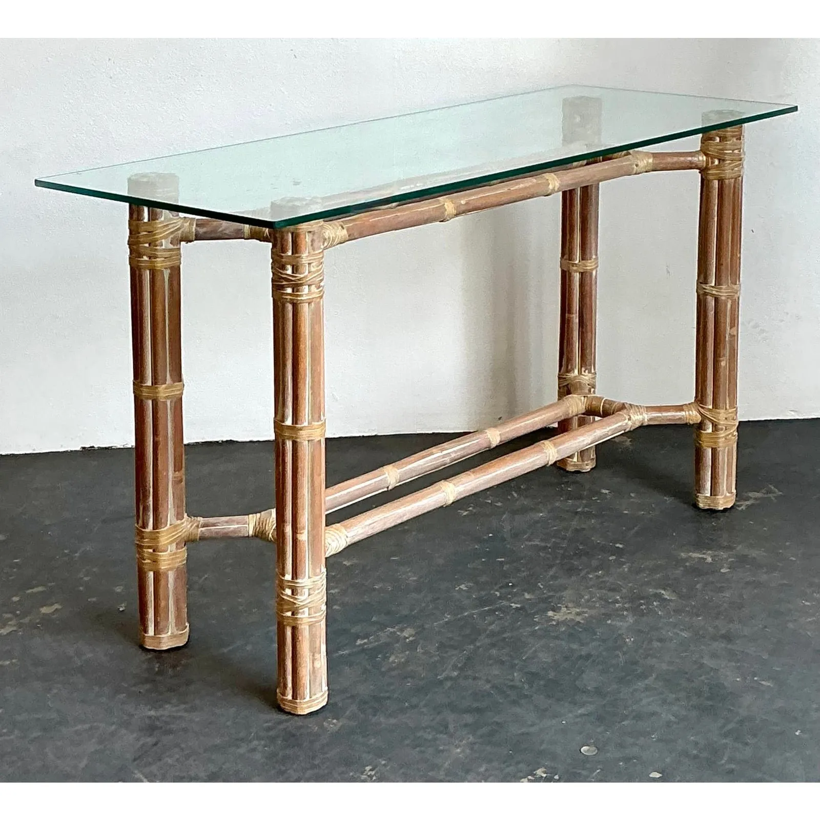 Vintage Bundled Rattan Console Table After McGuire