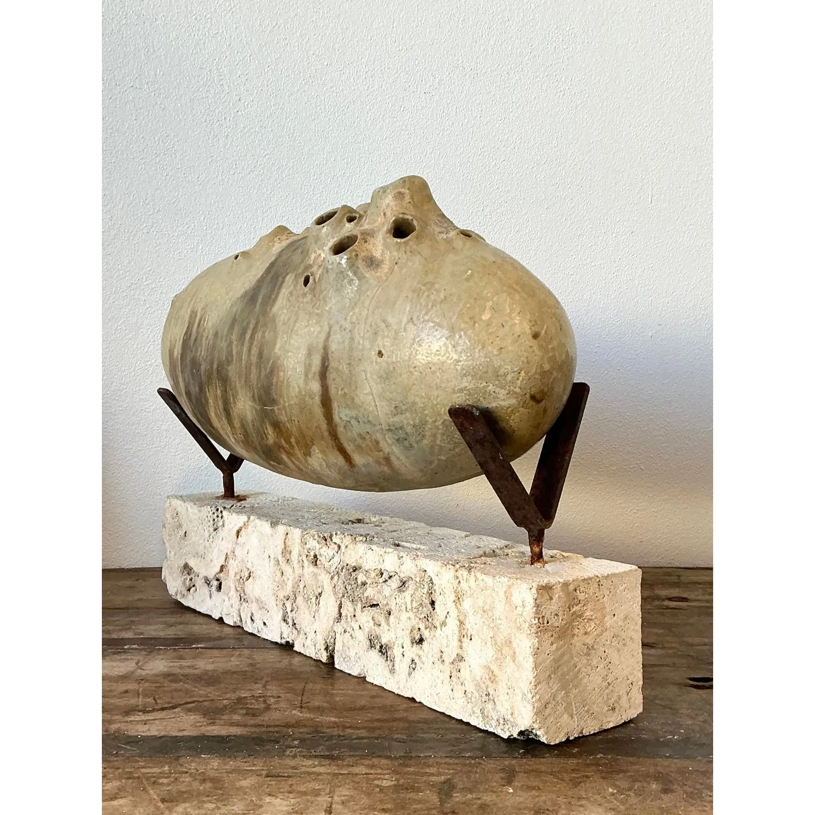 Vintage Original Abstract Studio Pottery Sculpture on Coquina Block Plinth — additional photo 6