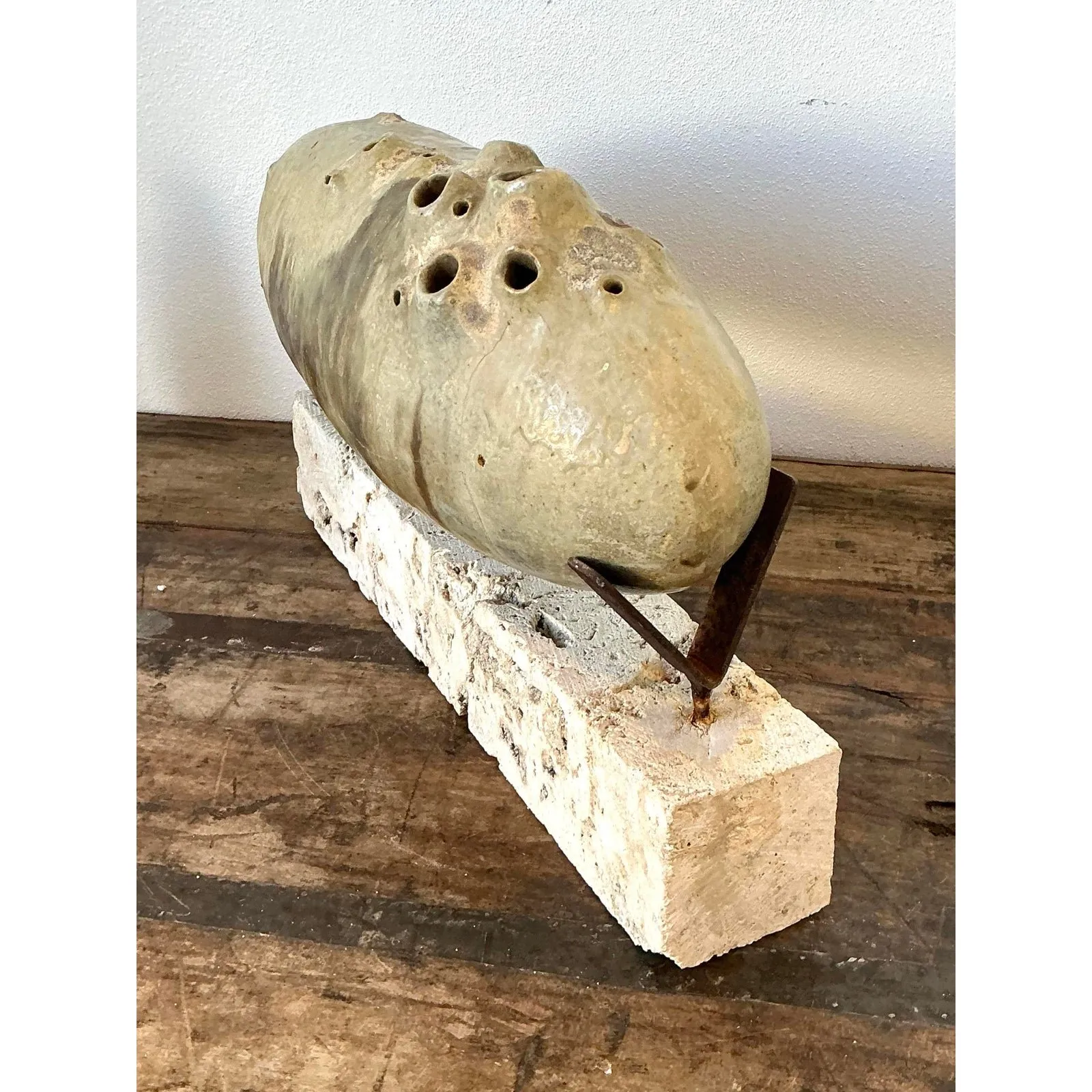 Vintage Original Abstract Studio Pottery Sculpture on Coquina Block Plinth — additional photo 8