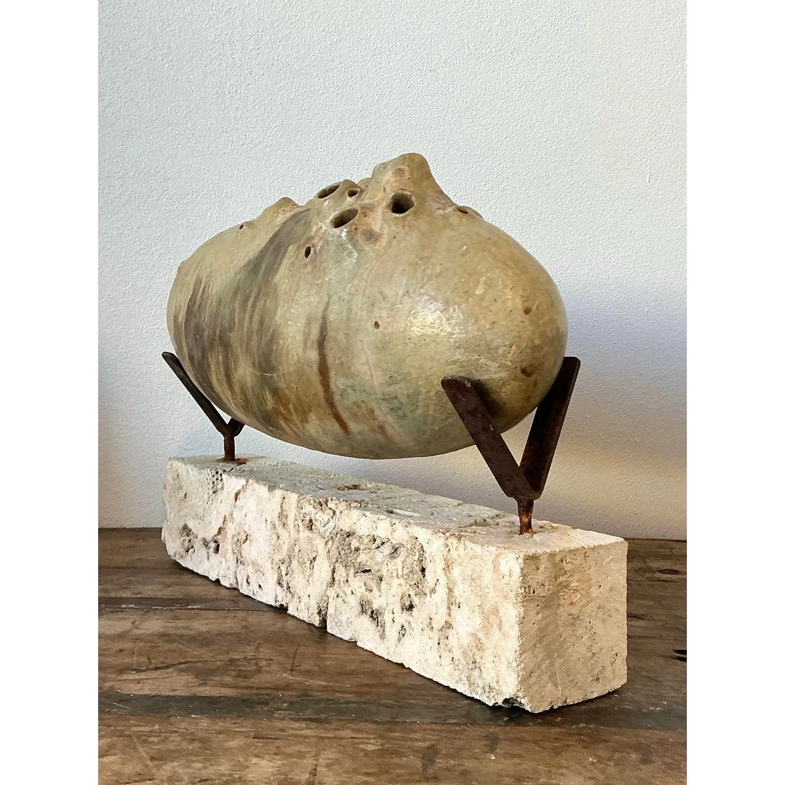 Vintage Original Abstract Studio Pottery Sculpture on Coquina Block Plinth — additional photo 4