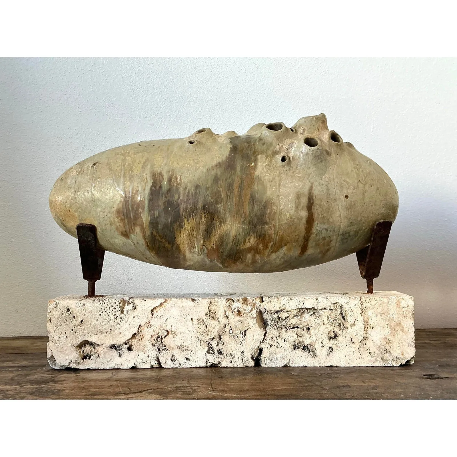 Vintage Original Abstract Studio Pottery Sculpture on Coquina Block Plinth — additional photo 2