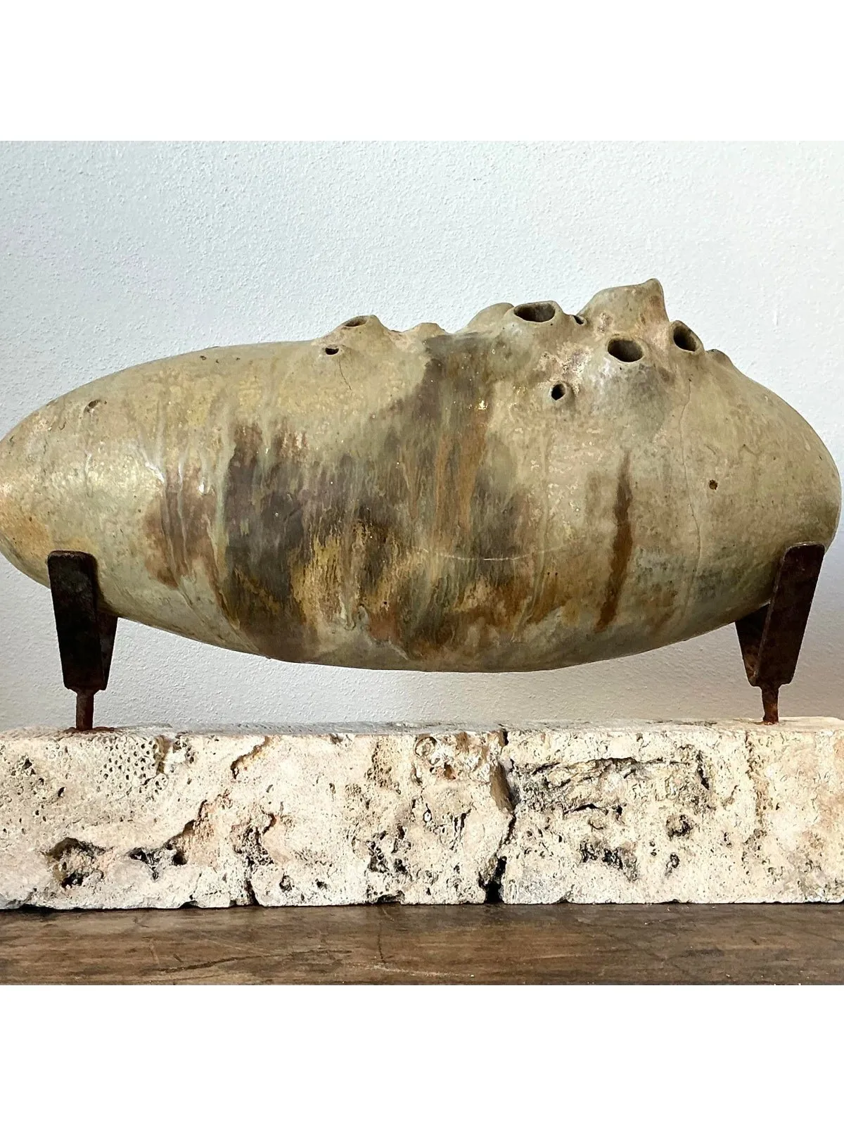Vintage Original Abstract Studio Pottery Sculpture on Coquina Block Plinth — additional photo 1