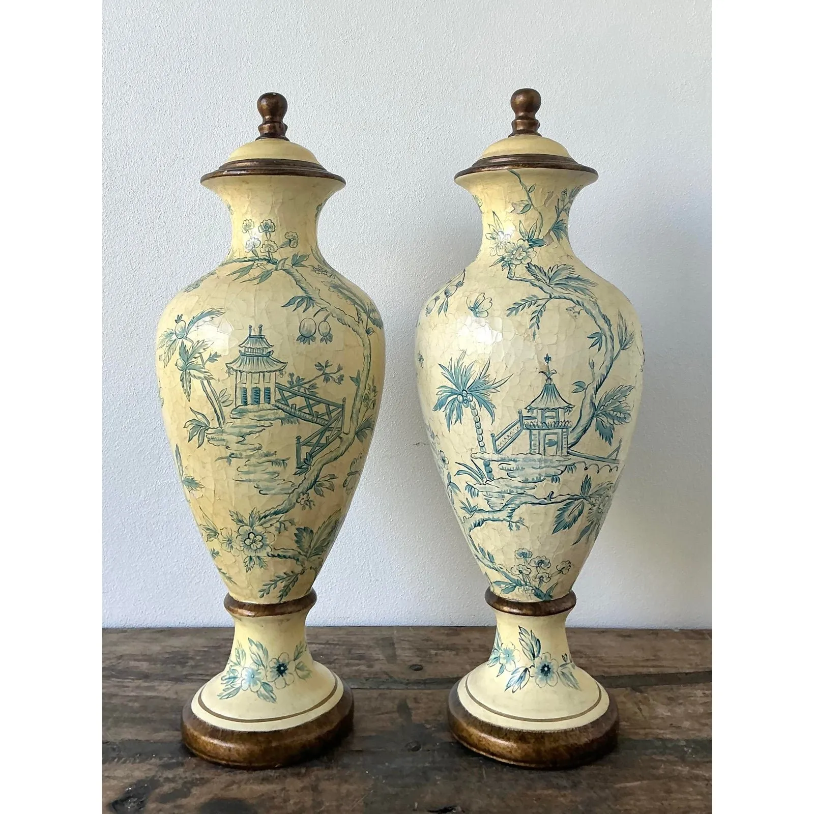 Vintage Crackle Finish Blue Willow Urns - A Pair