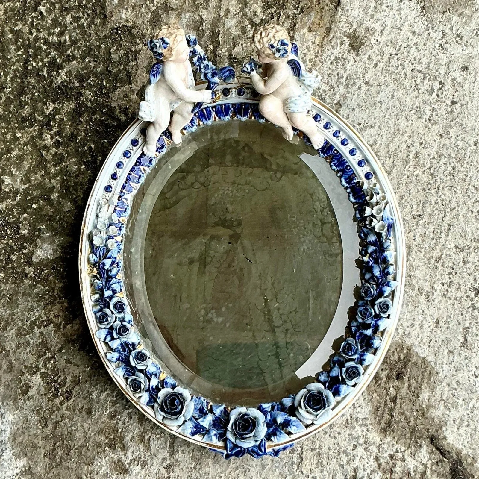 Vintage Boho Glazed Ceramic Putti Cherub Mirror — additional photo 1