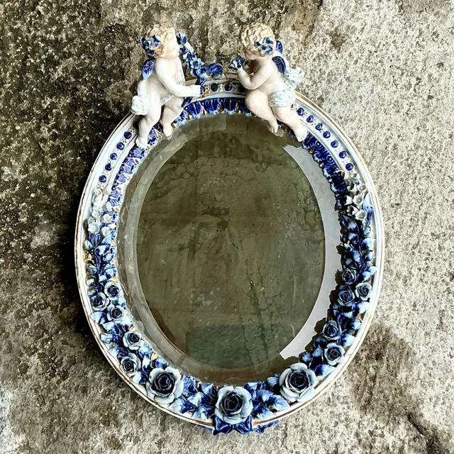 Vintage Boho Glazed Ceramic Putti Cherub Mirror — additional photo 1