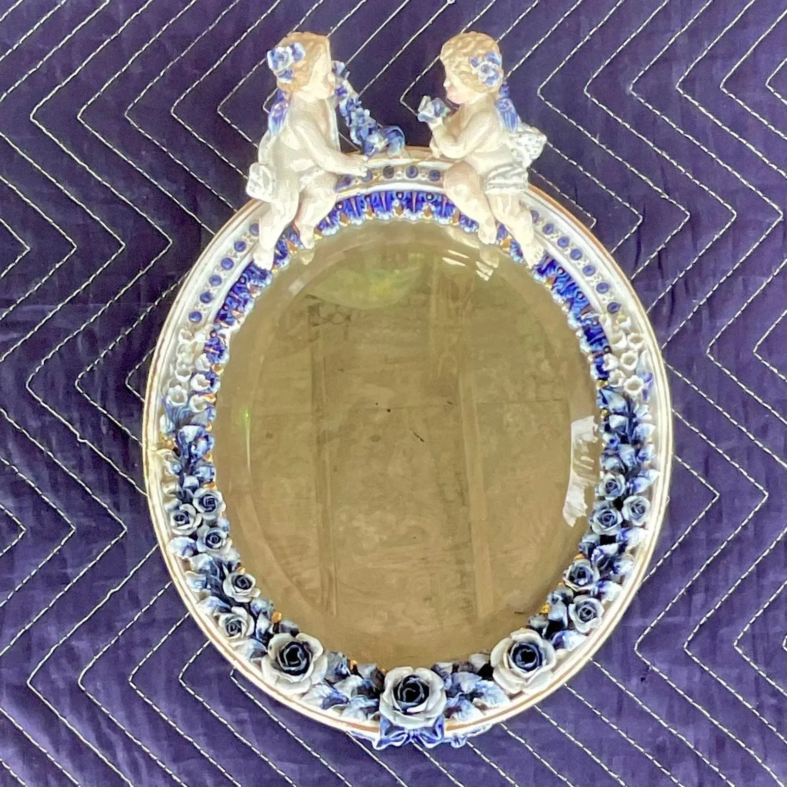 Vintage Boho Glazed Ceramic Putti Cherub Mirror — additional photo 3