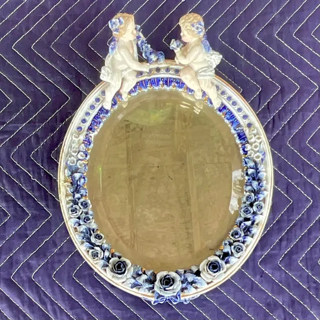Vintage Boho Glazed Ceramic Putti Cherub Mirror — additional photo 3