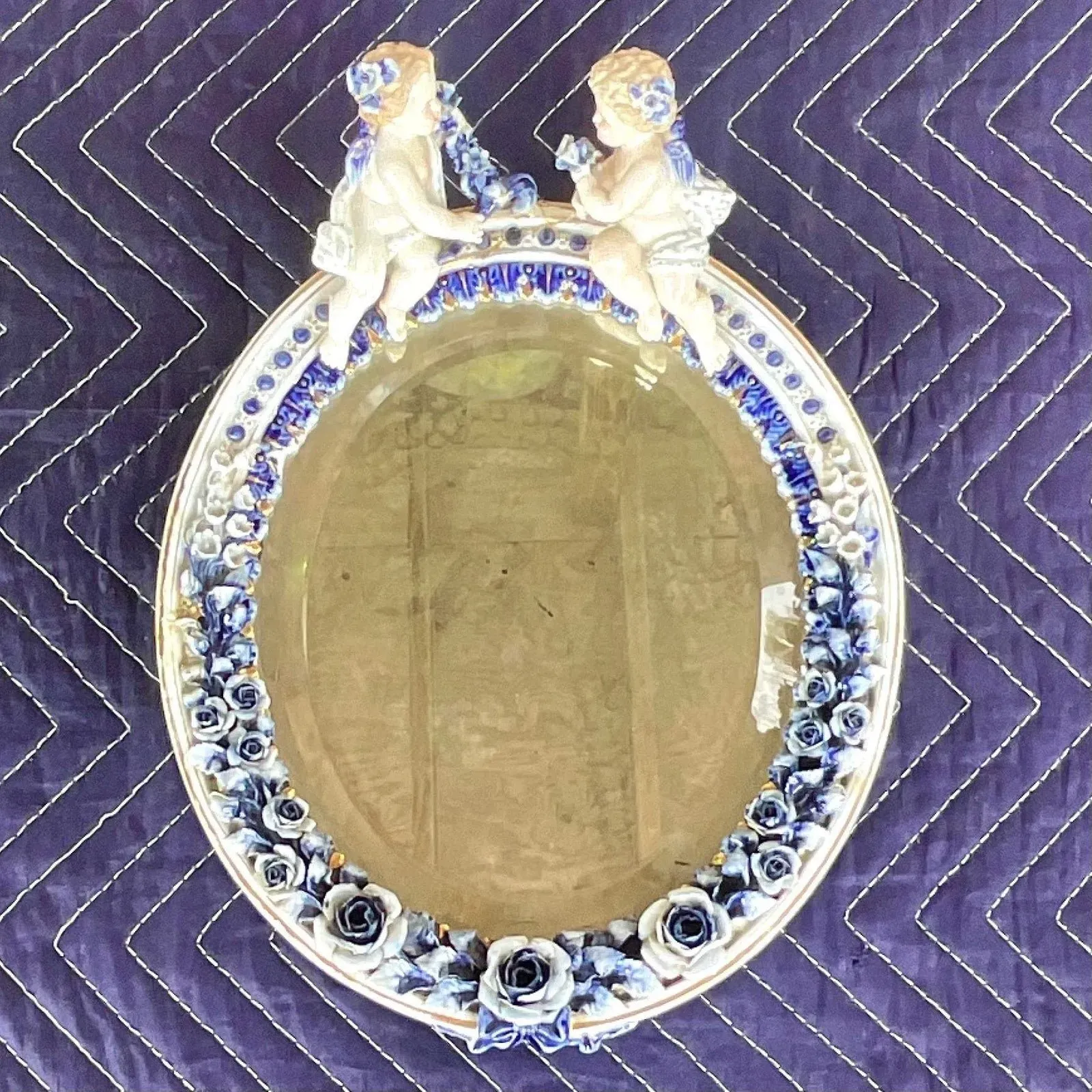 Vintage Boho Glazed Ceramic Putti Cherub Mirror — additional photo 4