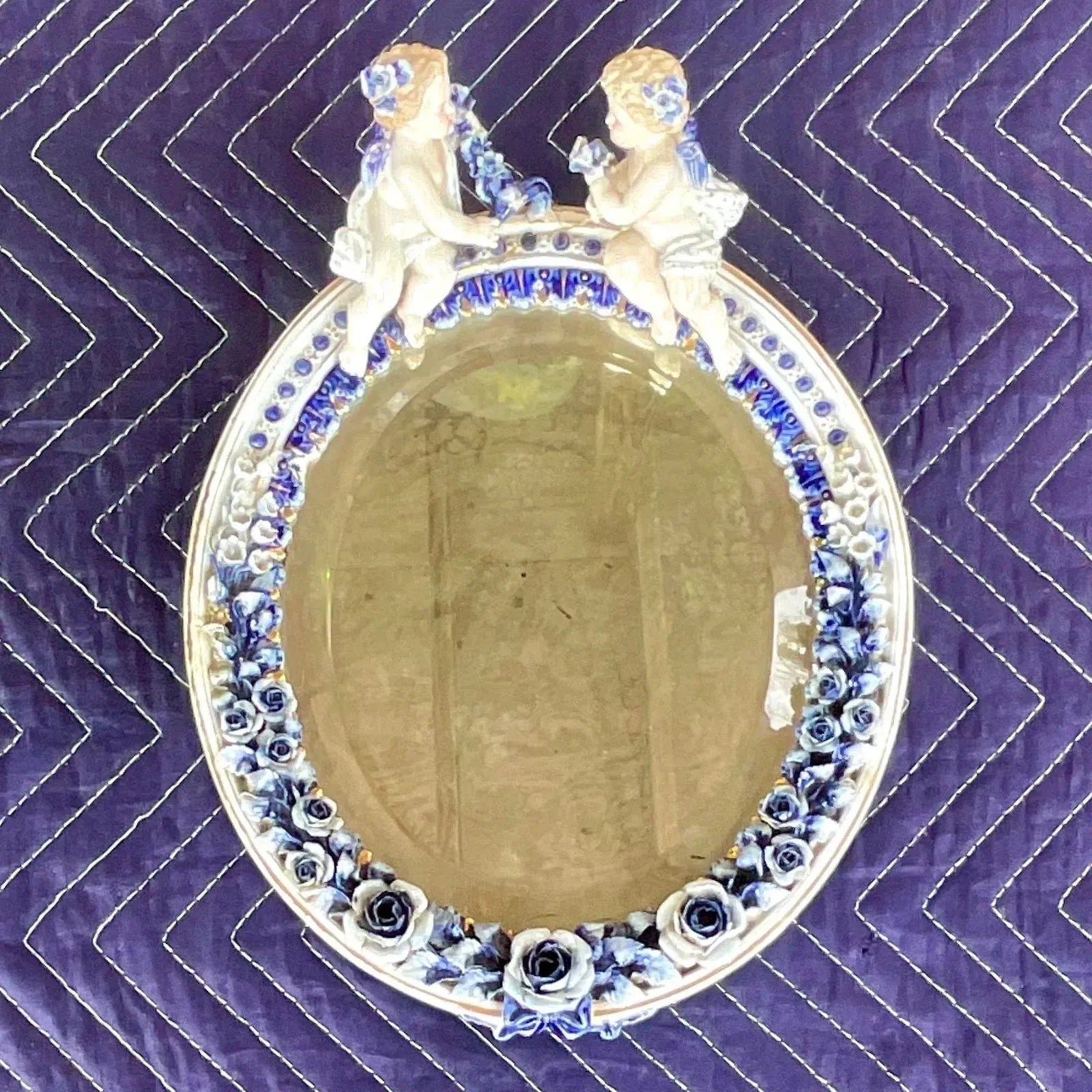 Vintage Boho Glazed Ceramic Putti Cherub Mirror — additional photo 5