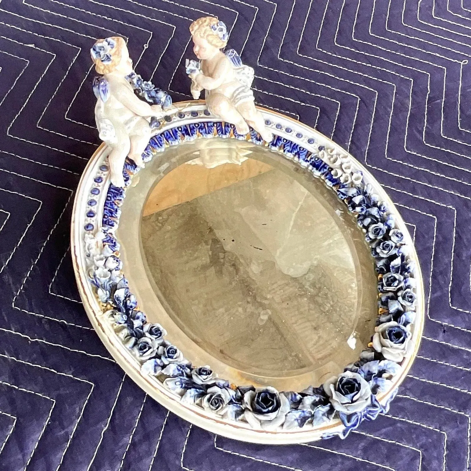 Vintage Boho Glazed Ceramic Putti Cherub Mirror — additional photo 8