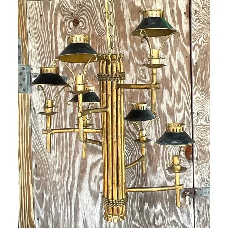 Vintage Late 20th Century Regency Gilt Bamboo Spiral Chandelier