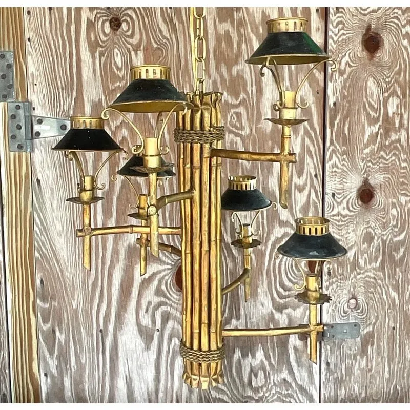 Vintage Late 20th Century Regency Gilt Bamboo Spiral Chandelier — additional photo 2