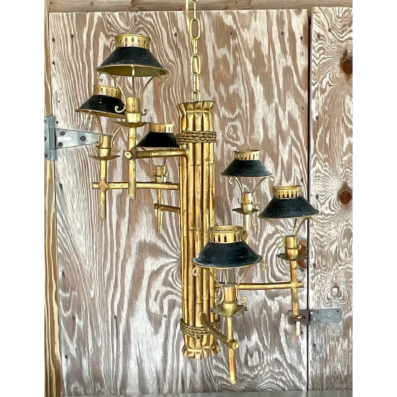 Vintage Late 20th Century Regency Gilt Bamboo Spiral Chandelier — additional photo 3
