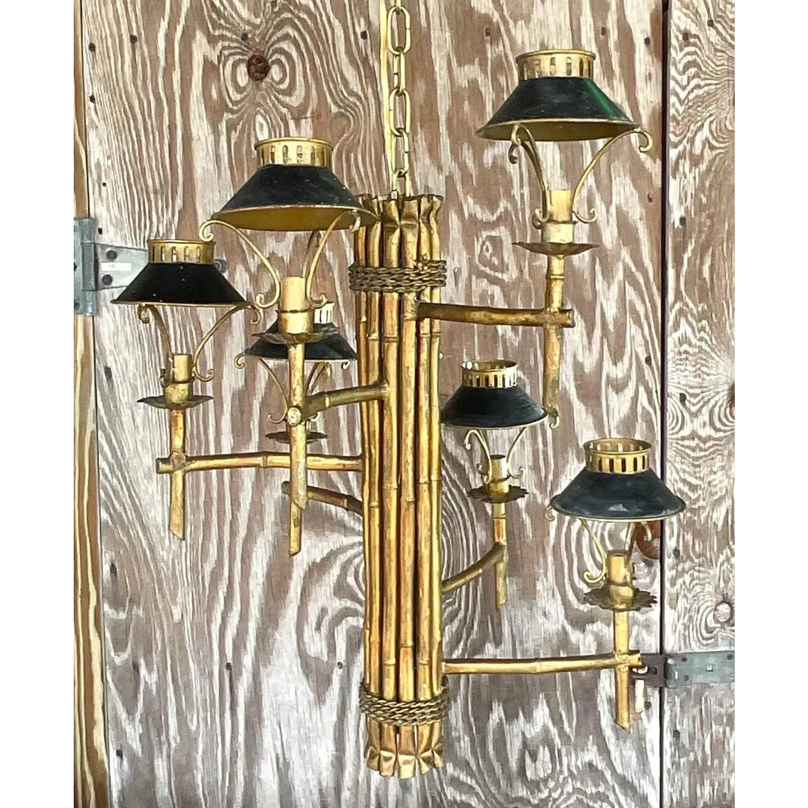 Vintage Late 20th Century Regency Gilt Bamboo Spiral Chandelier — additional photo 4