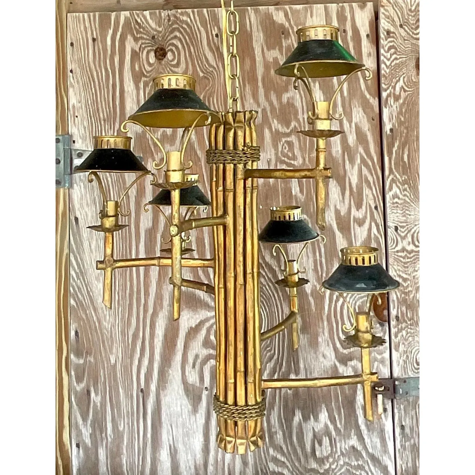 Vintage Late 20th Century Regency Gilt Bamboo Spiral Chandelier — additional photo 5