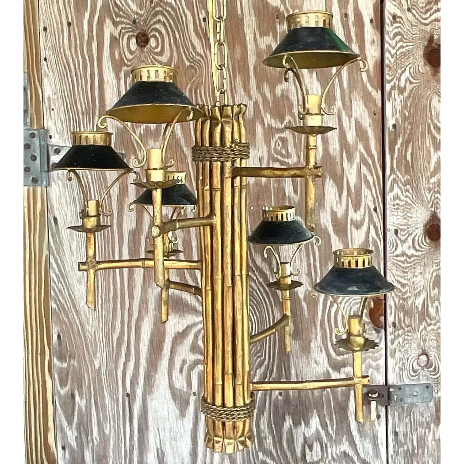 Vintage Late 20th Century Regency Gilt Bamboo Spiral Chandelier — additional photo 6